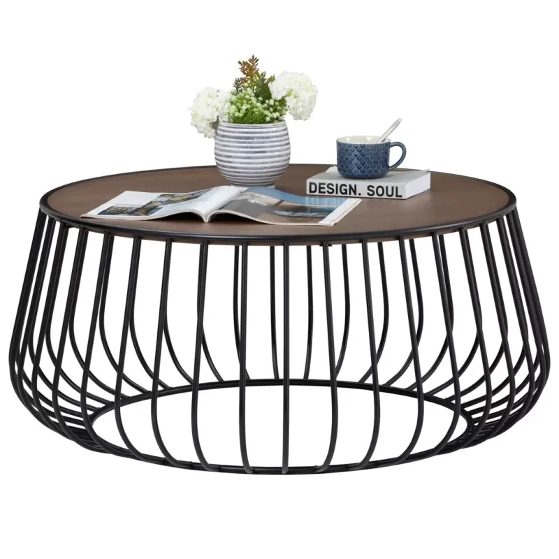 Table basse ronde métal et bois chêne/noir Ø 80 cm