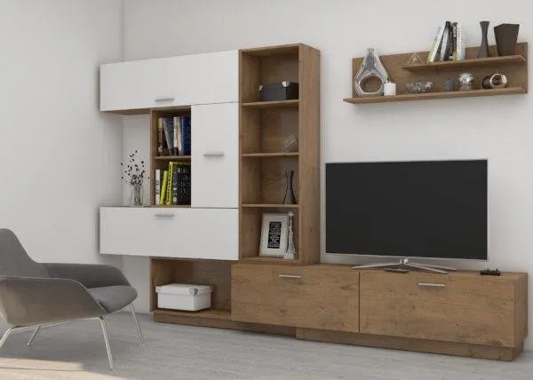 Meuble mural Vario Living – 300×188,5×40 cm – Blanc/Chêne