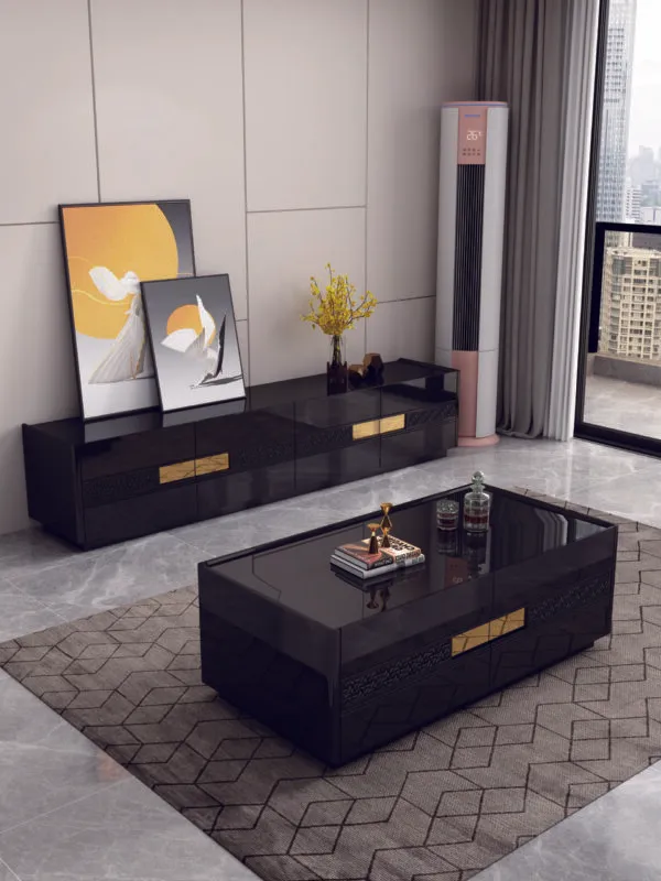 Table TV basse 200×40×45 cm – plateau noir et pieds dorés – TABLETV-92495