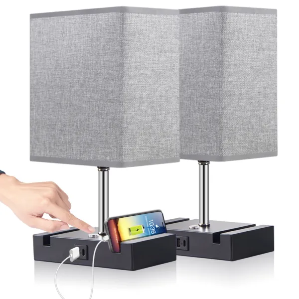 Lampe de table rechargeable USB A+C gris avec repose-téléphone 21×39 cm