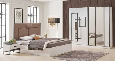 Chambre complète ASPENDOS – Lit 180×200 avec sommier, 2 tables de chevet, commode avec miroir et grande armoire
