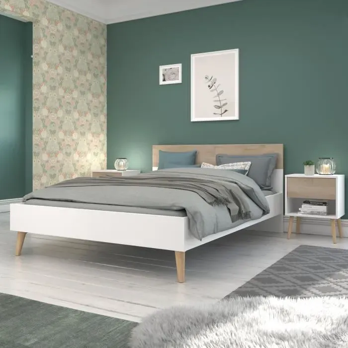 Lit Aalborg 140×190 cm Blanc/Chêne avec sommier