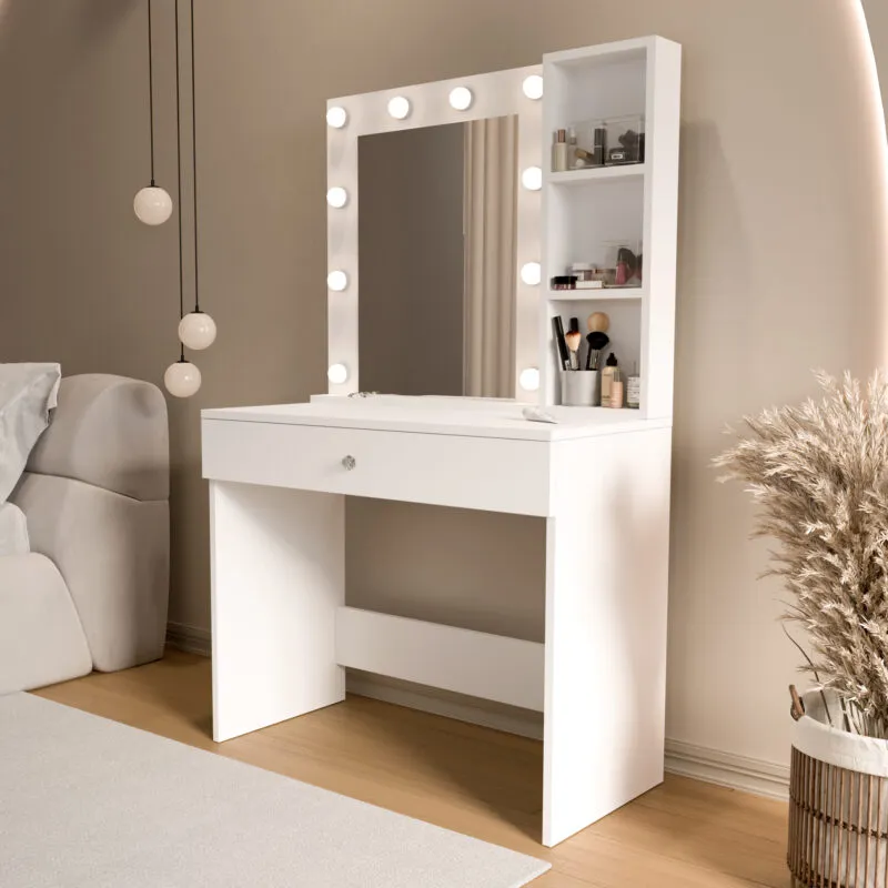 Coiffeuse blanche avec miroir – 90×42,5×147 cm – MO3-W-COIF