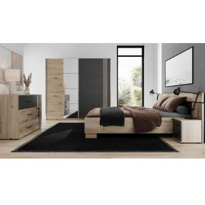 Chambre à coucher Kyara : lit 160×200, 2 tables de chevet et commode