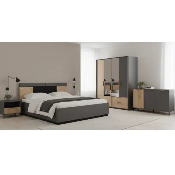Chambre à coucher complète Asha : lit coffre, chevet, buffet, armoire