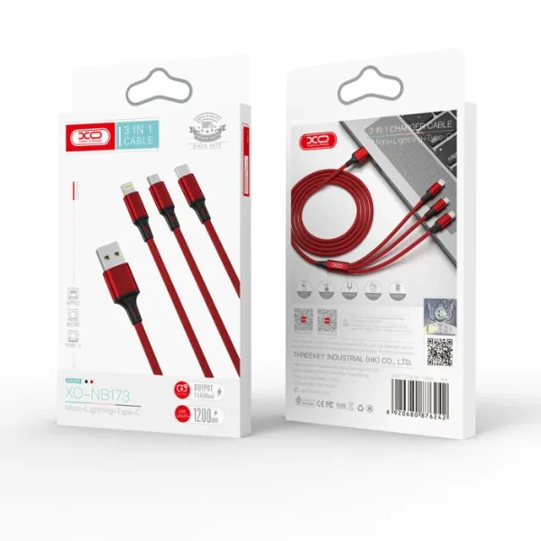 Cable tressé en nylon 3en1 XO NB173 Rouge – Image 2