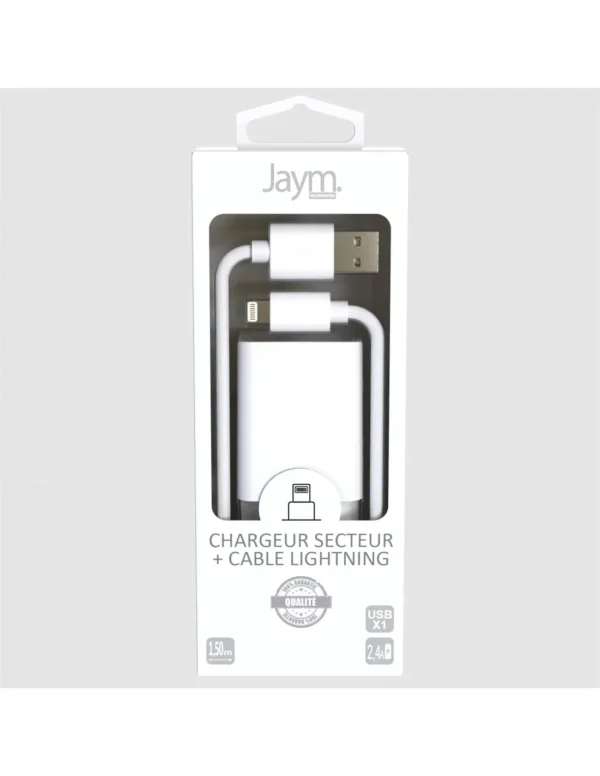 Pack chargeur secteur 1 USB 2.4A + Cable USB vers lightning 1.5M Blanc – Image 2