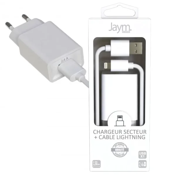 Pack chargeur secteur 1 USB 2.4A + Cable USB vers lightning 1.5M Blanc