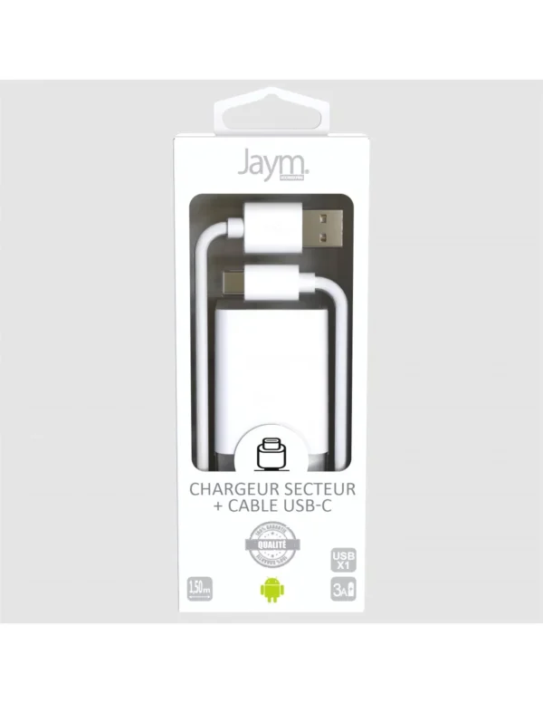 Pack chargeur secteur 1 USB 2.4A + Cable USB vers USB-C 1.5M Blanc – Image 3