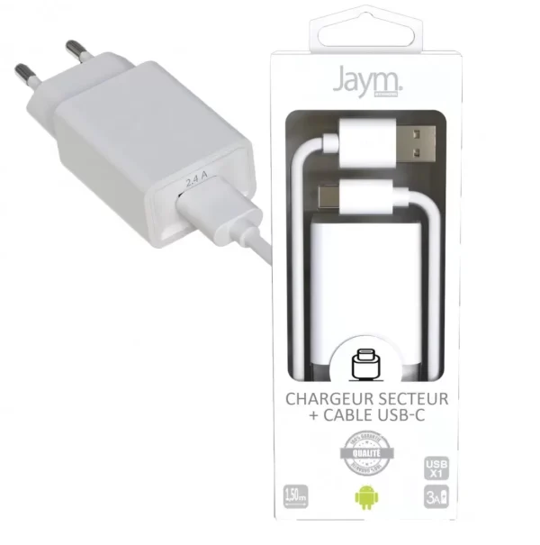 Pack chargeur secteur 1 USB 2.4A + Cable USB vers USB-C 1.5M Blanc