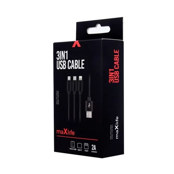Cable USB Triplug 3-en-1 USB-A vers Micro-USB / USB-C / Lightning - NOIR – Image 2