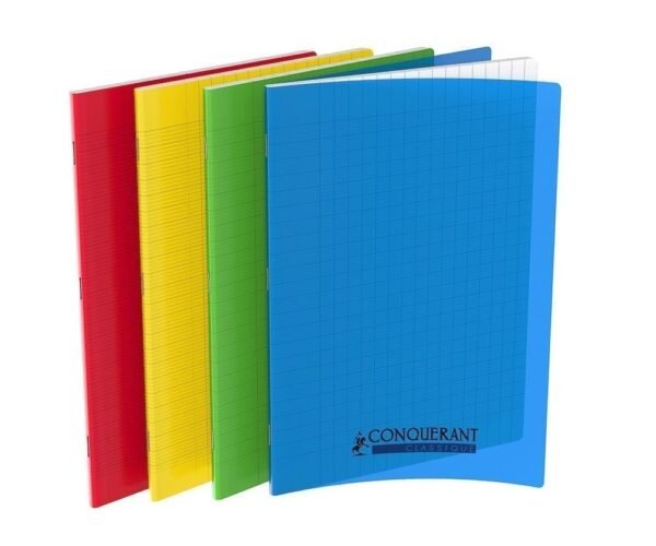 Lot de 4 Cahiers agrafes A4 90G 96P  Seyes classique Couverture Polypro couleurs assorties CONQUERANT