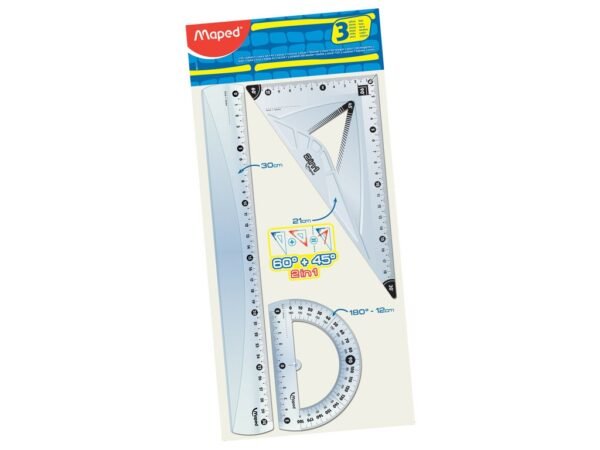 Kit traçage 3 pièces : Règle plate 30 cm, Equerre 2 en 1, Rapporteur 180°