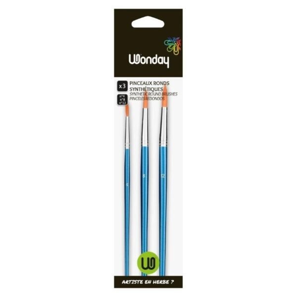 SACHET 3 PINCEAUX ROND POILS SYNTHETIQUES FERRULE ALU MANCHE COURT