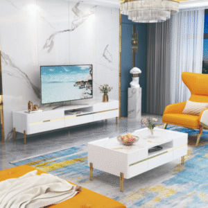 Table TV 2000 x 400 x 450 cm Blanc Doré 92373