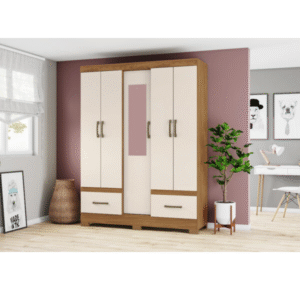 Armoire en Bois avc Miroir 5 portes 2 tiroirs 1455 x 2000 x 465 cm Crème B60-127