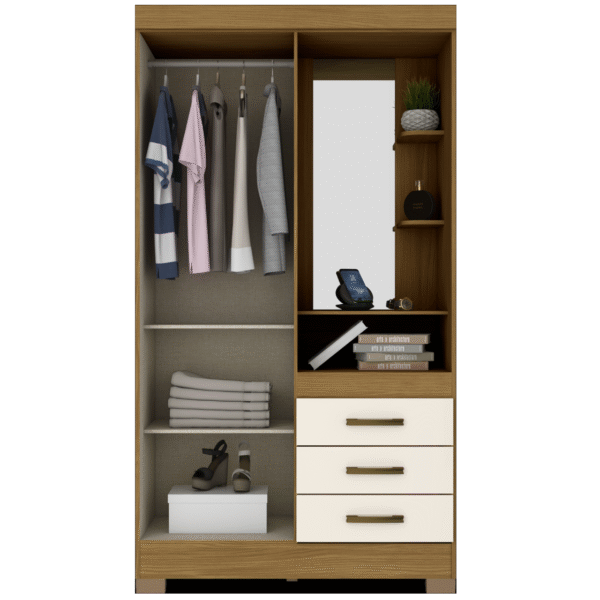 Armoire 2 portes 3 tiroirs Crème Bois B64-127 – Image 2