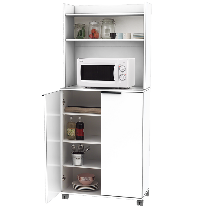 Armoire multi-usage / ADR-470-PP-1 73 x 172 x 36 cm Couleur blanc laqué Utilisation ergonomique avec compartiment 1 tablette fixe, 2 tablettes mobiles Utilisation polyvalente; Salle de bains, cuisine, bureau, balcon, porte, chambre. Poignées en métal chromé Facile à transporter grâce aux roues mobiles