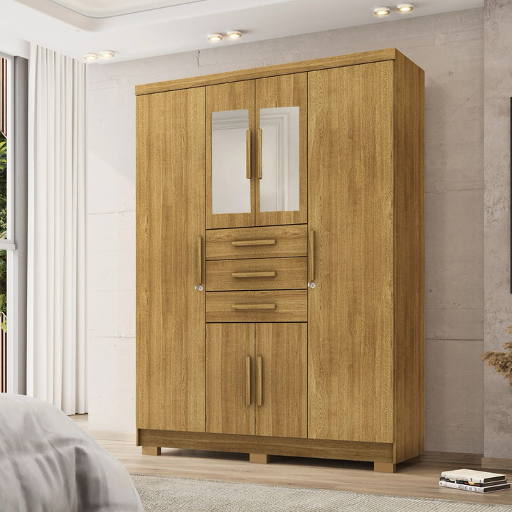 Armoire TAURUS / 10020NATURE Profil - Cintre en aluminium Pieds en bois massif Coulisses en métal Étagère réglable Portes avec serrures Poignées en MDF revêtues H 2070 L. 1510 P. 470 REF MIROIR: 60008 x2