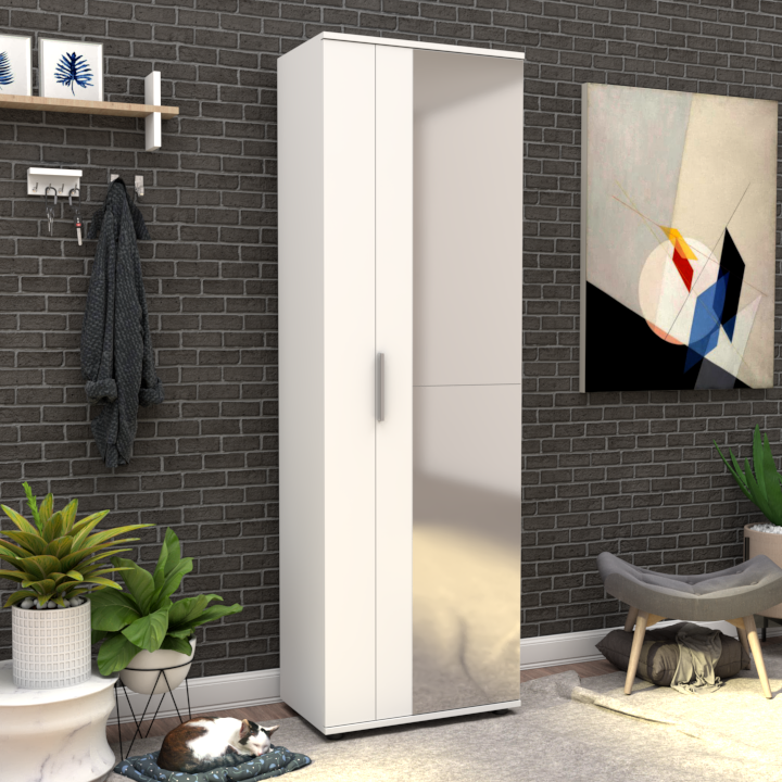 Armoire à chaussures avec miroir / SHC-629-BB-2 60x187x35 100% panneau de particules mélaminé 2 portes dont 1 avec miroir avec ouverture possible sur les 2 côtés 10 sections (30 paires de chaussures) Etagères ajustables (à l'exception de celle du milieu) Idéal pour le hall d'entrée Couleur : Blanc
