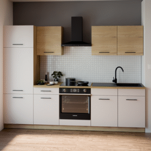 Cuisine complète 270 cm / FOX 2 Cuisine moderne FOX II 270 - Élégante et fonctionnelle La cuisine FOX II 270 allie un design élégant, une fonctionnalité pratique et des matériaux de haute qualité. D'une largeur de 270 cm, elle offre un grand espace de rangement et un plan de travail idéal au quotidien. Caractéristiques et dimensions : Meuble haut pour électroménager (60 cm de large) avec niche de 88 cm pour les appareils électriques Meuble bas (50 cm de large) avec 1 tiroir et 1 porte Meuble de cuisinière (60 cm de large) avec panneau fixe Meuble bas pour évier (100 cm de large) avec 1 porte Trois éléments hauts : 1 x 50 cm de large, 58 cm de haut (1 porte) 1 x 60 cm de large, 58 cm de haut (1 porte) 1 x 50 cm de large, 58 cm de haut (1 porte) Matériaux et design : Couleurs des façades : Combinaison de Cachemire (meubles bas et meuble haut) et de Chêne de Crémone (éléments hauts) Corps et plan de travail : Chêne de Crémone, épaisseur 28 mm Plinthe : Chêne de Crémone, 10 cm intégrée Poignées : Poignées en plastique noir (1273/128), assemblées horizontalement Supplément Détails : Tiroirs avec supports en bois pour une construction stable Assemblage réversible pour une flexibilité d'aménagement Ce meuble de cuisine élégant allie harmonieusement modernité et naturel. Les tons bois chaleureux des éléments hauts créent une ambiance chaleureuse, tandis que les façades en cachemire des éléments bas apportent une touche de sophistication. Idéal pour ceux qui apprécient le design et la fonctionnalité !