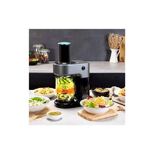 Spiraliseur à légumes SpiralChef 400 / 4178 Spiralizer Spiralchef 400 avec 80 W, 4 lames en acier inoxydable de différentes tailles pour couper des fruits et des légumes en spirale et canal d'entrée extra-large. Spiralizer avec 80 W de puissance, idéal pour préparer de délicieux plats de pâtes aux légumes, des salades ou tous types de garnitures avec vos fruits et légumes préférés. Possède 4 accessoires pour couper conçus en acier inoxydable. Différentes tailles pour couper en forme de capellini, spaghetti, tagliatelle et pappardelle. Récipient de grande capacité, 1 L. Canal d'entrée extra-large de 65 mm pour les aliments les plus grands. Nettoyage pratique. Pièces faciles à démonter qui conviennent pour un nettoyage au lave-vaisselle. Conçu avec des matériaux écologiques et sans BPA. Design compact pour qu'il soit plus facile à stocker. Facile à utiliser grâce à son interrupteur allumé/éteint. Security System avec fermeture de sécurité et pieds antidérapants. – Image 3