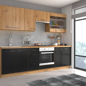 Cuisine complète MODENA 260cm Structure en panneau de particules 16mm, MDF recouvert de papier caisson chêne artisan / caisson noir mat. Dimensions : 260x60xH85cm LES + PRODUITS : Ensemble de 8 éléments (sans évier et électroménager) Livré avec plan de travail Idéal pour vos rangements Prix exceptionnel Fermetures douces et silencieuses tiroirs et portes
