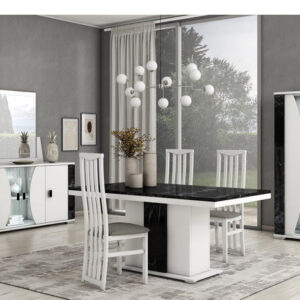Vitrine NEVADA / NEV036 Côtés en panneau de particules décor noir verni laque polyester noire finition brillante. Façades en panneau de particules décor blanc verni laque polyester blanche finition brillante . Dimensions : 110x41xH175cm