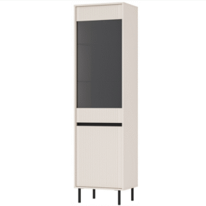 Vitrine OSAKA BEIGE Cadres : panneau stratifié 16 mm - beige sable, chêne ; dos : HDF 2,5 mm Façades : MDF 16 mm - beige sable, chêne (lamelles) / panneau stratifié 16 mm - noir Chant : ABS Pieds : métal droit 15 cm Vitre de façade : verre trempé, poli sur tout le pourtour, finition graphite anti-salissures, épaisseur 4 mm Étagères en verre : verre transparent, poli sur tout le pourtour, épaisseur 5 mm Glissières à billes
