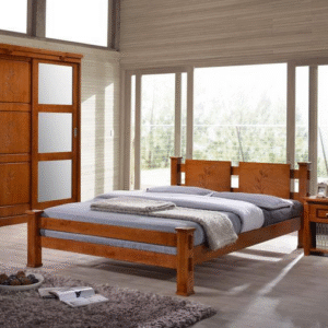 Lit en bois 2 places LYVIA / LYVIABED140 Structure en BOIS HÉVÉA MASSIF et placage en bois teinte PB oak. Pour matelas 140x190 cm