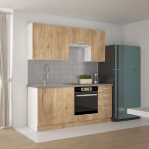 Cuisine complète 180 cm / SARACOMPLET Cuisine complète Type de rangement : meuble bas + meuble haut Couleurs : chêne Plus produit : Plan de travail fourni Matière de la structure : Panneau de particules mélaminé Dimensions : L 180 x P 60 x H 200 cm Poids : 104 kg