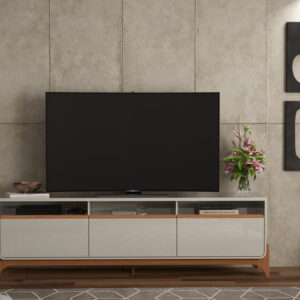 Meuble TV LION / 904125 Pieds en bois Détail courbé en MDF usiné Portes latérales en MDF avec détails arrondis Portes basculantes à piston à gaz Plateau en MDP de 25 mm H: 555mm L: 2130mm P: 385mm