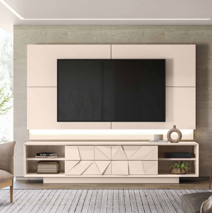 Meuble TV avec panneau mural DOMANI / 20605.174 Meuble TV • Façades de tiroirs avec pyramide 3D Supporte les téléviseurs jusqu'à 75" Éclairage à bande LED PANNEAU • Garnitures biseautées Prend en charge les téléviseurs jusqu'à 75 pouces Meuble tv L 2400 mm H 560 mm P 448 mm Pièces biseautées de 25 mm PANNEAU L 2400 mm H 1350 mm P 120 mm Kg 54,40 NB: la fixation au mur doit se faire par le client.