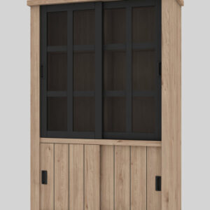 Vitrine JUMBO Structure en panneau de particules, MDF recouvert de papier coloris oak jackson / noir. Dimensions : L 120 x P 45 x H 180 cm