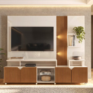 Meuble TV CROSS / 903763 Hauteur : 180 cm,Largeur : 210 cmProfondeur : 45 cm. Caractéristiques :- Matériau MDF/MDP- Lattes couleur blanc cassé/Tauari 3D