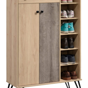 Meuble chaussure TORO / AF 7158 Structure en panneau de particules recouvert de papier décor hêtre / gris. Dimensions : 90x38xH141cm. Pieds en métal