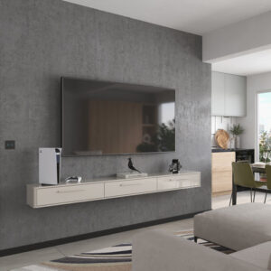 Meuble TV flottant BALI / 904037 Base et plateau en MDF 15 mm Côtés en MDF de 25 mm Coins arrondis Portes basculantes à piston à gaz Poignées en MDF revêtues H: 210mm L: 1785mm P: 296mm