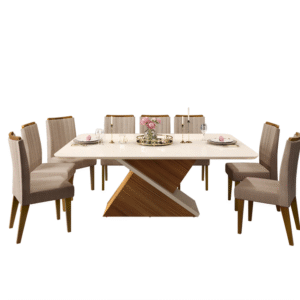Table avec 8 chaises / ZAFIRABLANC 2000 mm x 1000 mm x 815 mm Support supérieur renforcé de 25 mm Aménagement idéal pour 8 places Plateau biseauté en MDF avec verre et coins arrondis Plateau blanc Ref 8 chaises: 28965.7014 x4