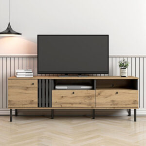 Meuble TV / LV61 TV6112-WTO/DG Structure en panneau de particules, recouvert de papier décor walton oak. Dimensions : 150x39xH51cm