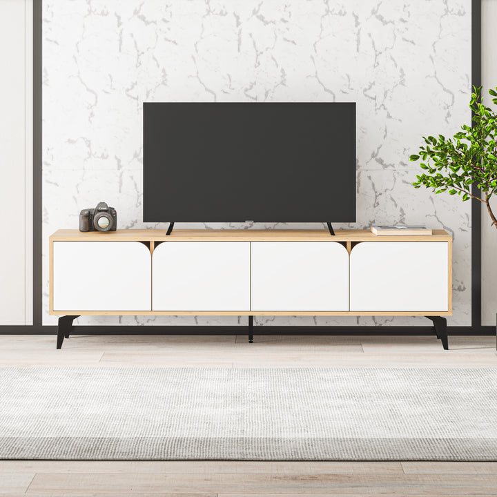 Meuble TV NOLA / 17031 Structure en panneau de particules et MDF coloris chêne / silky noir, ou chêne / blanc, piétements en métal. Dimensions : 180x35xH51cm