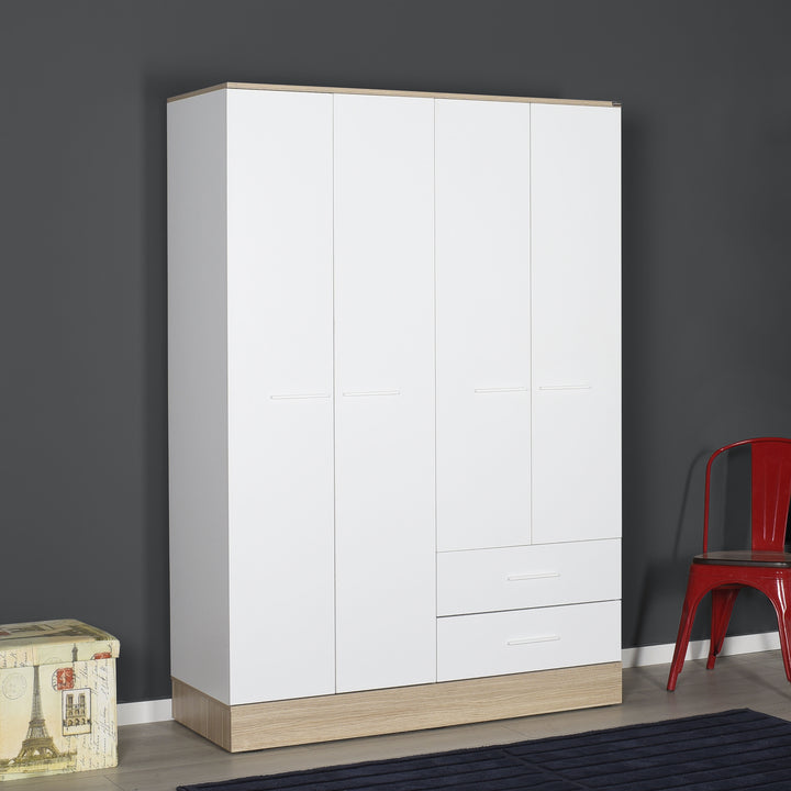 Armoire 4 portes et 2 tiroirs / GRD-842-MB-3 Armoire 4 portes et 2 tiroirs - 100% panneau de particules mélaminé - 137 x 198 x 52 cm - Poignées de couleur blanche - Côté droit, 2 portes avec 4 sections - 2 tiroirs en bas - Côté gauche, 2 portes avec 1 étagère en haut et 1 en bas et 1 penderie - Design moderne - Compatible avec la chambre à coucher "Base" - Couleurs : Chêne et Blanc
