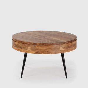 Table basse Ronde en Bois d'Acacia avec Plateau Ouvrant / 16522 En médium avec placage BOIS D'ACACIA MASSIF et piétement en métal. Dimensions : 90x90x50cm LES + PRODUITS : Le charme du bois massif Bois traité et tropicalisé Ligne épurée Qualité de fabrication