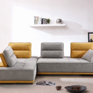 Canapé d'angle bicolore / SF-319 YELLOW Structure en panneau de particules, assise mousse en polyuréthane recouverte de tissu bi-ton côtelé 298x197xH88cm. LES + PRODUITS Modulable en lit Design exceptionnel Têtières modulables Salon réversible droit ou gauche Transformable en mode couchage