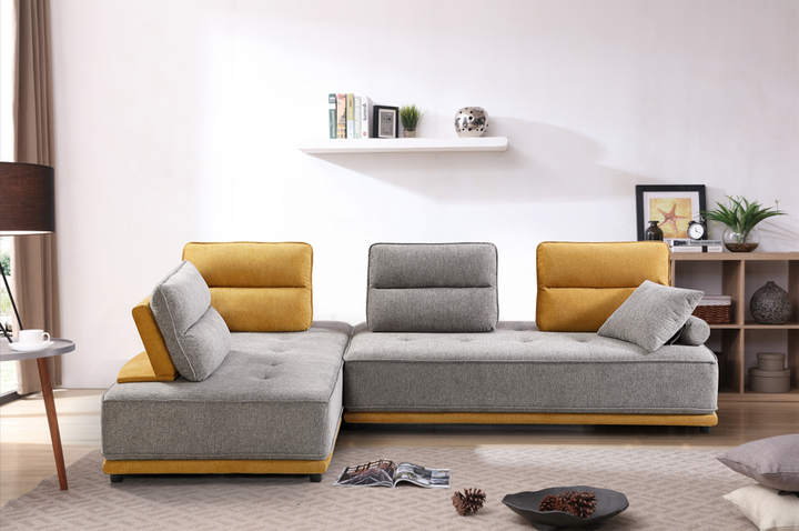 Canapé d'angle bicolore / SF-319 YELLOW Structure en panneau de particules, assise mousse en polyuréthane recouverte de tissu bi-ton côtelé 298x197xH88cm. LES + PRODUITS Modulable en lit Design exceptionnel Têtières modulables Salon réversible droit ou gauche Transformable en mode couchage