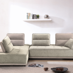 Canapé d'angle bicolore / SF-319 BROWN Structure en panneau de particules, assise mousse en polyuréthane recouverte de tissu bi-ton côtelé 298x197xH88cm. LES + PRODUITS Modulable en lit Design exceptionnel Têtières modulables Salon réversible droit ou gauche Transformable en mode couchage