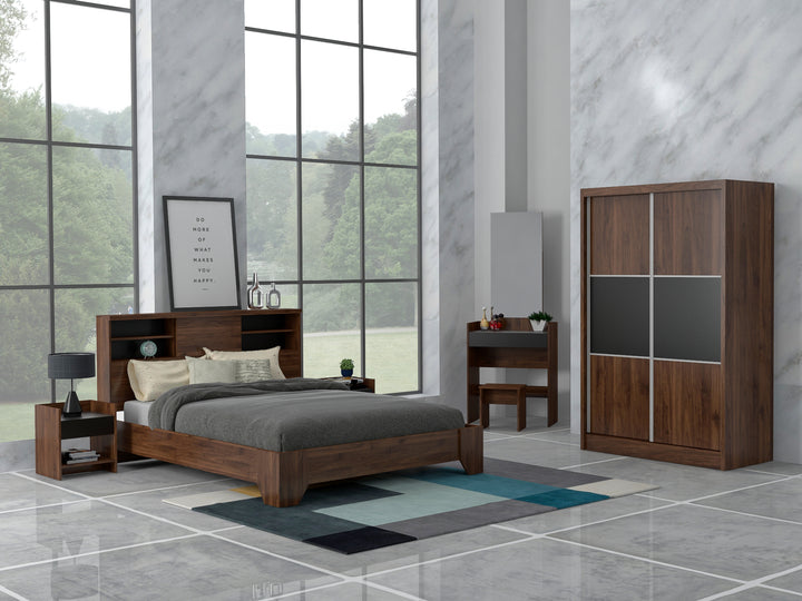 Chambre complète 2 places VIDO Chambre composée de: Lit 140x190 (VD QB00127) 1 chevets (VD NT0014-MP) Coiffeuse (VD DT0017-MP) Armoire coulissante (VD WR0016-MP) Dimensions: Lit : L1470 X W2030 X H1000 Chevet: L400 X W350 X H450 Coiffeuse : L700 X W360 X H1735 Armoire: L1500 X W580 X H2020