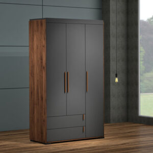 Armoire 3 Portes 2 Tiroirs / BR3 WR308MP-CLB/DG Structure en panneau de particules mélaminé recouvert de papier décor noyer / anthracite. Dimensions : 122x50xH205cm