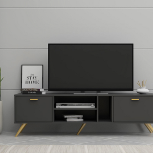 Meuble TV SCANDI / LV19 TV1912MP-DG Structure en panneau de particules mélaminé recouverte de papier décor anthracite / naturel. Dimensions : 160x40xH47cm