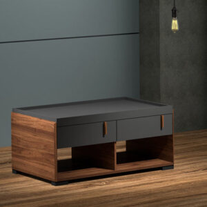 Table basse 2 tiroirs COLUMBIA / BR3 CFT314MP-CLB/DG Structure en panneau de particules mélaminé recouverte de papier décor noyer /anthracite. Dimensions : 110x57xH45cm