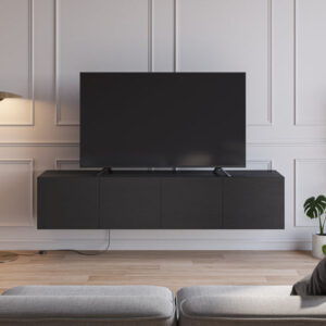 Meuble TV suspendu / 18793 Structure en panneau de particules et MDF recouvert de papier coloris noir Largeur: 35 Long: 180 Hauteur: 38 Poids: 31,60